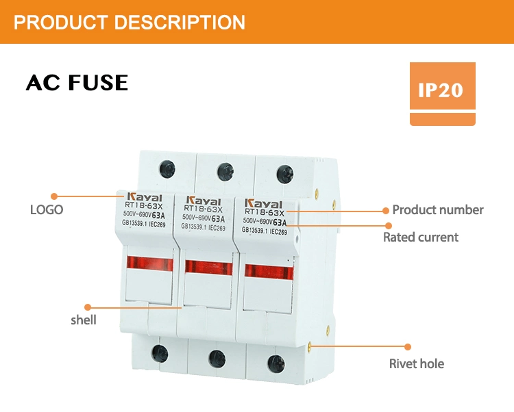 Kayal DIN Rail Type Rt18-63 Cylindrical 3p Fuse Holder 32A