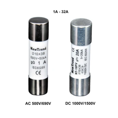 10X38 AC 500V 690V DC 1000V 1500V 1A 2A 4A 6A 8A 10A 12A 16A 20A 25A 32A 10X38mm Gg Am Ar Gpv AC o DC Solar PV Fusible cilíndrico con CE